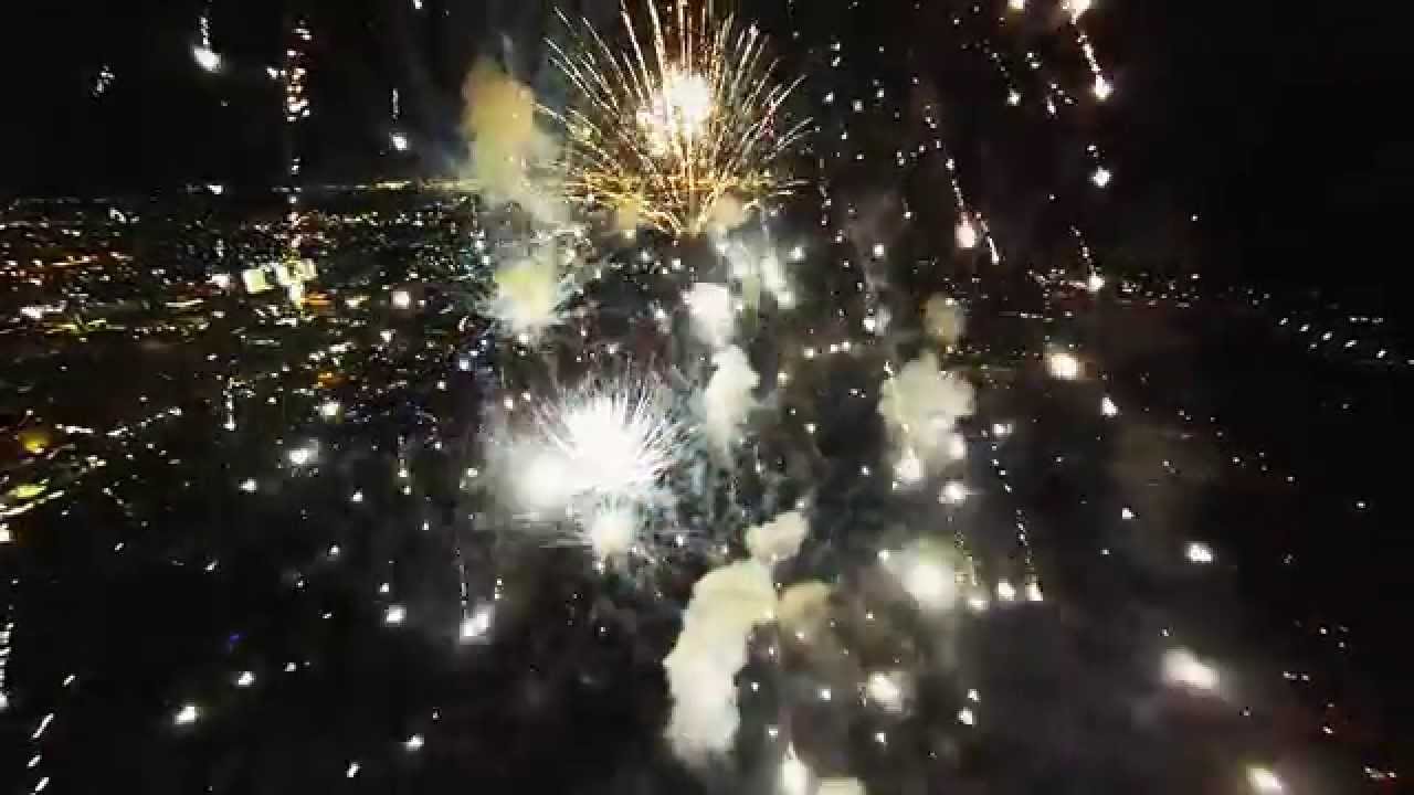 Fireworks drone exploding arial flies videographer into globalflare